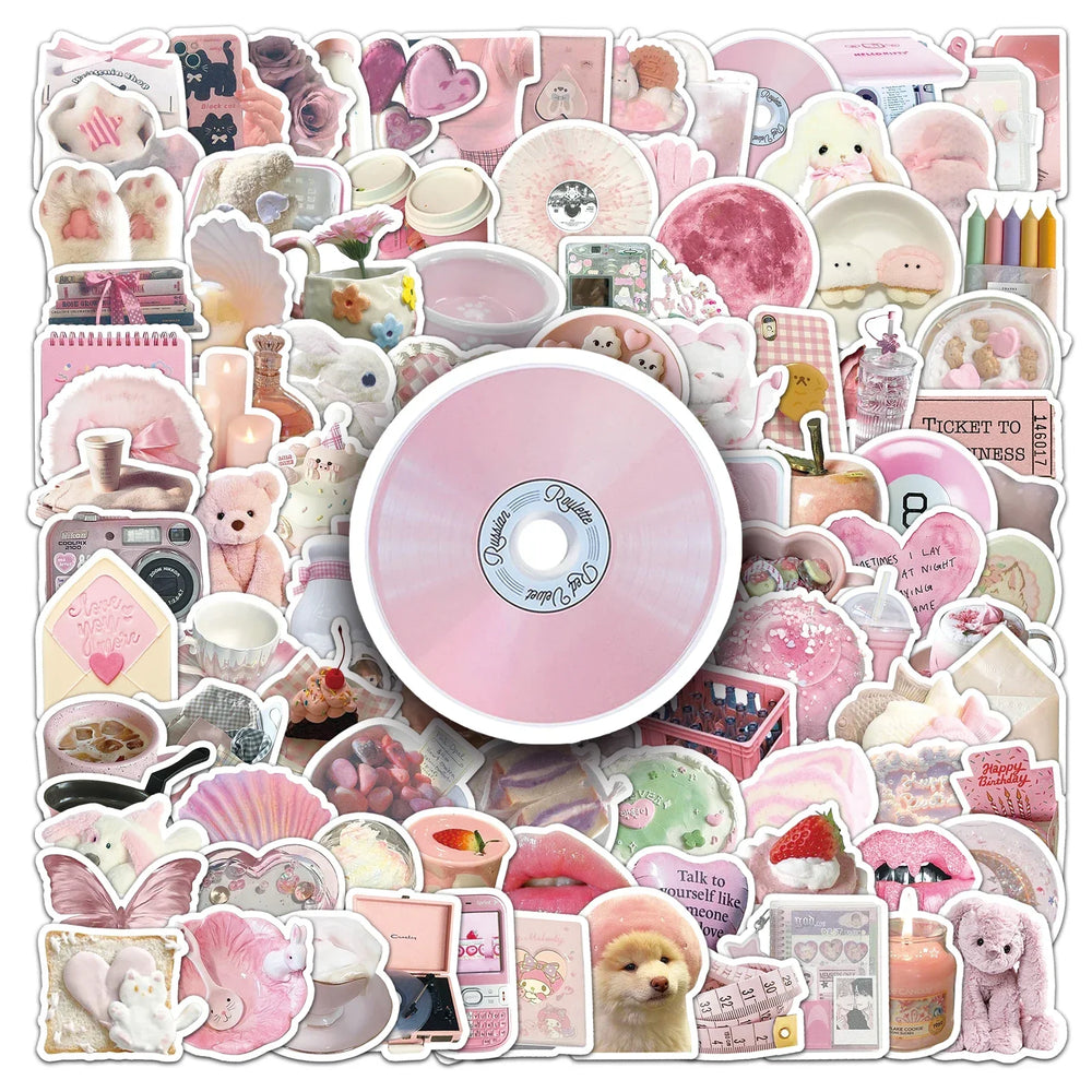 103Pcs Pink Cartoon Waterproof Vinyl Stickers for Skateboard Snowboard (Online Order Only)