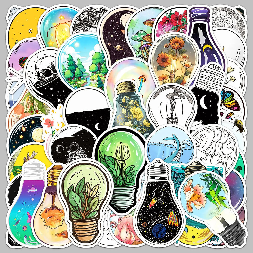 50pcs Cartoon Bulb World Graffiti Stickers for Helmet, Desktop, Wall Decoration, DIY (ONLINE ORDER ONLY)