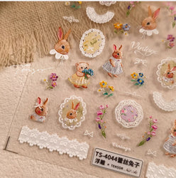 Rabbit Bunny Bear Flower Lace Bowknot Retro Frame Rose Self Adhesive Nail Art Decoration Stickers Chic Manicure Decals Wholesale (ONLINE ORDER ONLY)