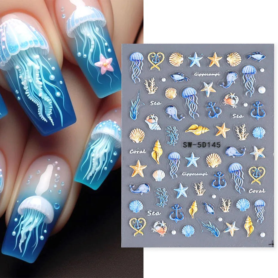 5D Jellyfish Beach Nail Stickers Shell Starfish Mermaid Decals Manicure Foils Decor (Online Order Only)