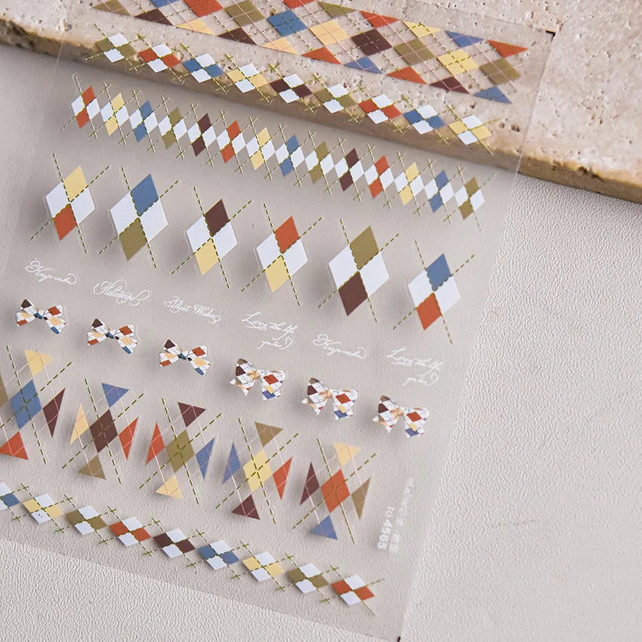 French Style Colorful Square Grid Rhombus Stripe Bowknot Line 3D Self Adhesive Nail Art Stickers Shiny Rhinestone Manicure Decal (Online Order Only)