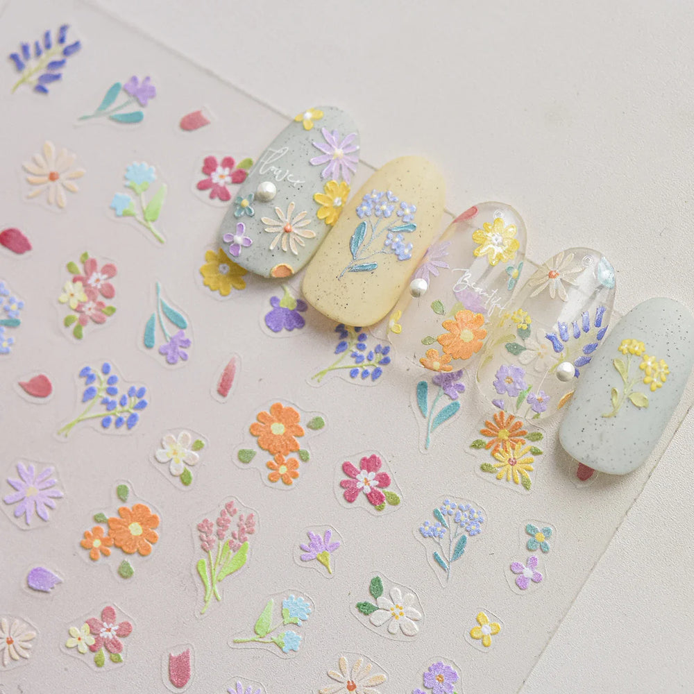 Wild Flower Oil Painting Small Variegated Daisy Peach Blossom Lavender Spring Petal Adhesive Nail Art Stickers Manicure Decals (Online Order Only)