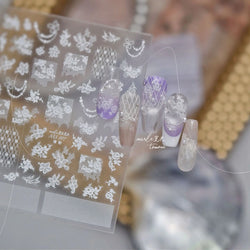 Dreamy Lace Rose Flower Fabric Art Tender Gauze Gird Pearl Pendant Irregular Pattern Nail Art Stickers Decoration Manicure Decal (ONLINE ORDER ONLY)