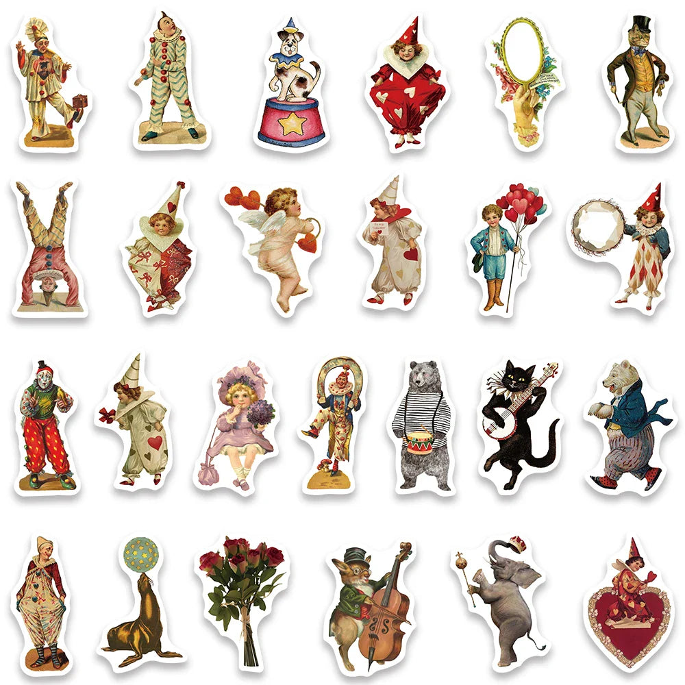 50PCS Vintage Circus Acrobatics Clown Retro Art Funny Stickers Aesthetic Graffiti Decals Scrapbook Laptop Bottle Sticker Gift (Online Order Only)