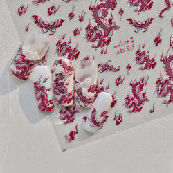 Retro Embroidered Dragon Red Pink Blue White Porcelain Chinese 3D Embossed Relief Self Adhesive Nail Art Stickers Manicure Decal (ONLINE ORDER ONLY)