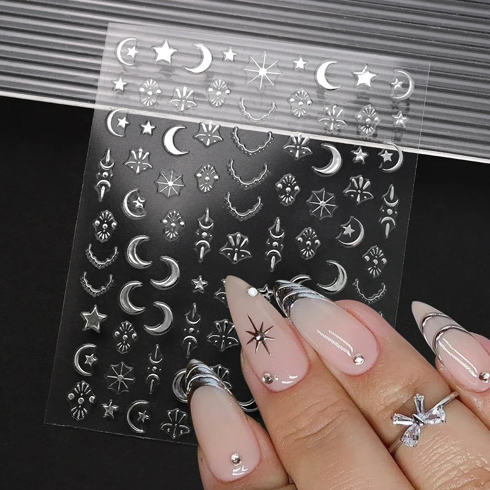 1pc 3D Gradient French Nail Stickers with Crown & Tassel Design Gold Silver Lines Self-Adhesive Nail Art Waterfall Manicure Foil (Online Order Only)