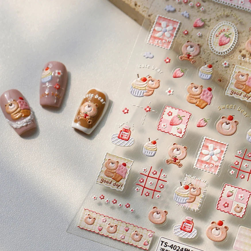 Sweet Dessert Cute Bear Cake Apple Flower Strawberry Jam Lace Line Bear Footprints Adhesive Nail Art Stickers Manicure Decals (ONLINE ORDER ONLY)