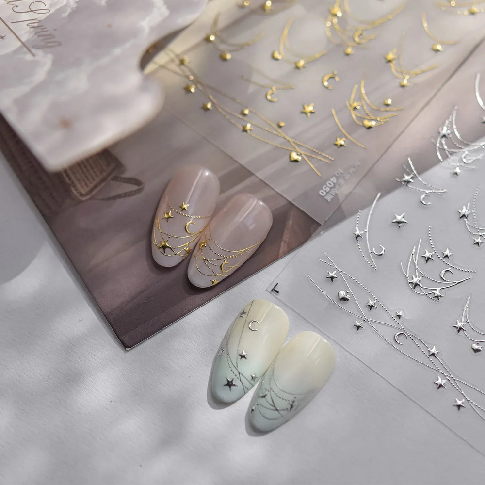 Star Moon Love Heart Curved Line Arc Dreamy Necklace Hanging in The Air Starry Night Adhesive Nail Art Stickers Manicure Decals (ONLINE ORDER ONLY)