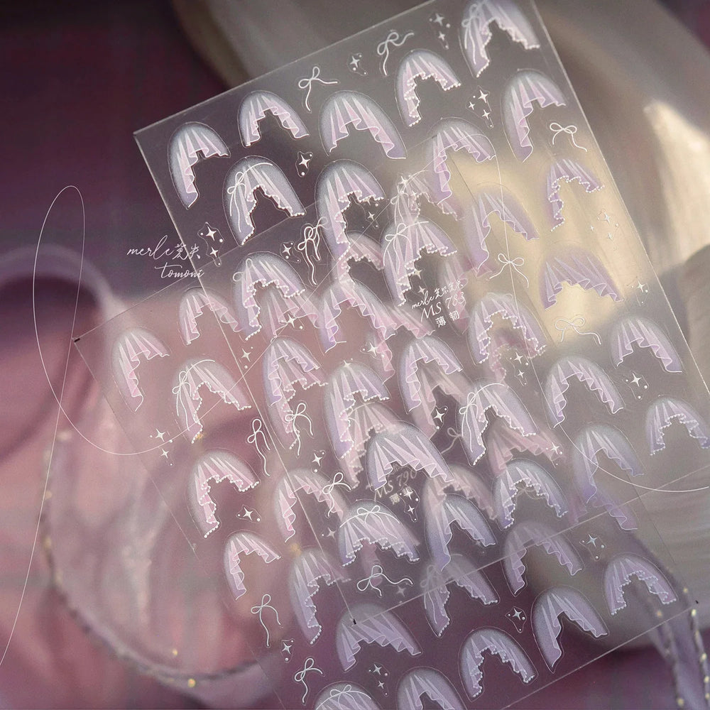 French Skirt Hem Halo Dyeing Purple Pink White Hemline Bowknot Wedding Veil Dreamy Star Adhesive Nail Art Sticker Manicure Decal (ONLINE ORDER ONLY)