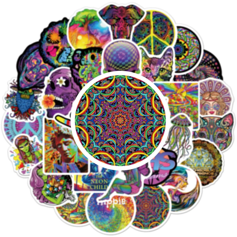 50pcs Hippy Psychedelic Graffiti Stickers Pack Phone Case Ipad Motorcycle DIY Sticker Scrapbooking Supplies Journal Accessories (Online Order Only)