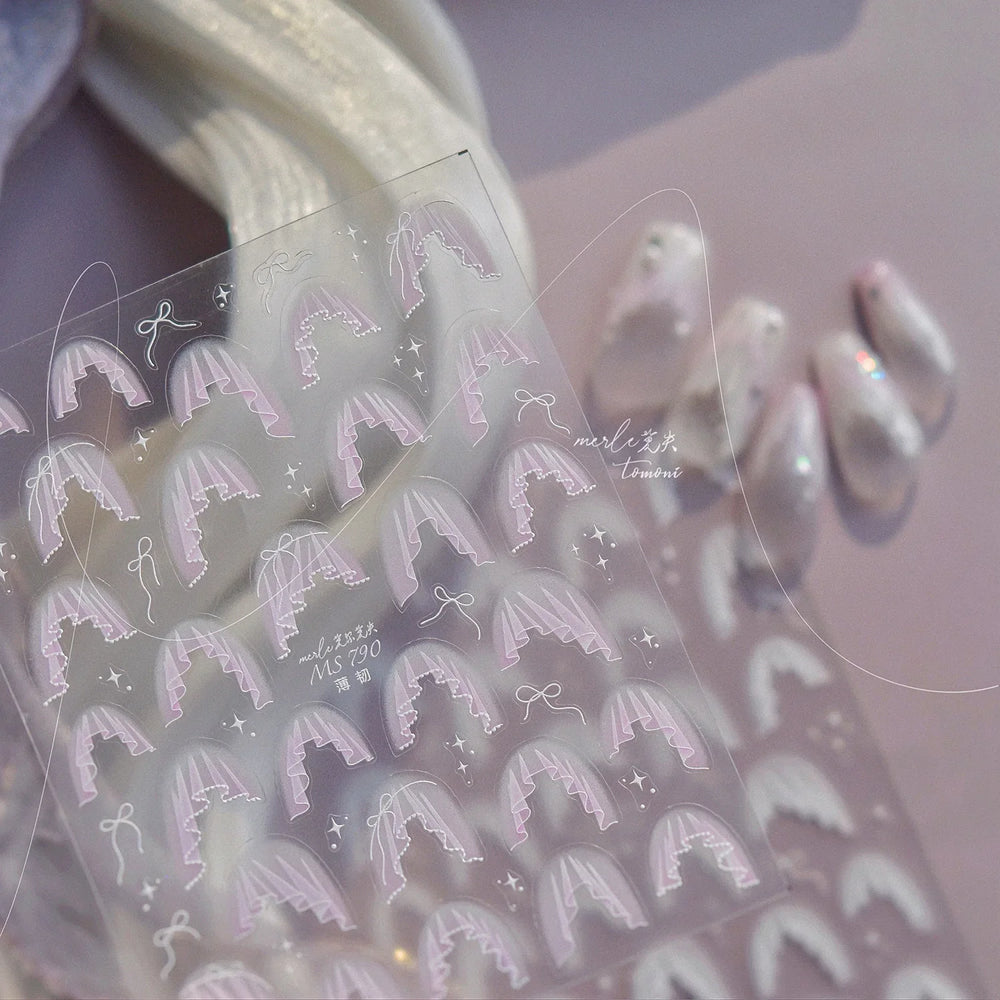 French Skirt Hem Halo Dyeing Purple Pink White Hemline Bowknot Wedding Veil Dreamy Star Adhesive Nail Art Sticker Manicure Decal (ONLINE ORDER ONLY)