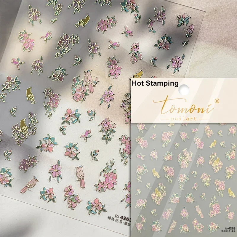 Gradient Coloredful Flower Petal Green Leaf Dreamy Shiny Chinese Rose Fantasy Relief Adhesive Nail Art Stickers Manicure Decals (Online Order Only)