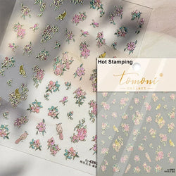 Gradient Coloredful Flower Petal Green Leaf Dreamy Shiny Chinese Rose Fantasy Relief Adhesive Nail Art Stickers Manicure Decals (Online Order Only)