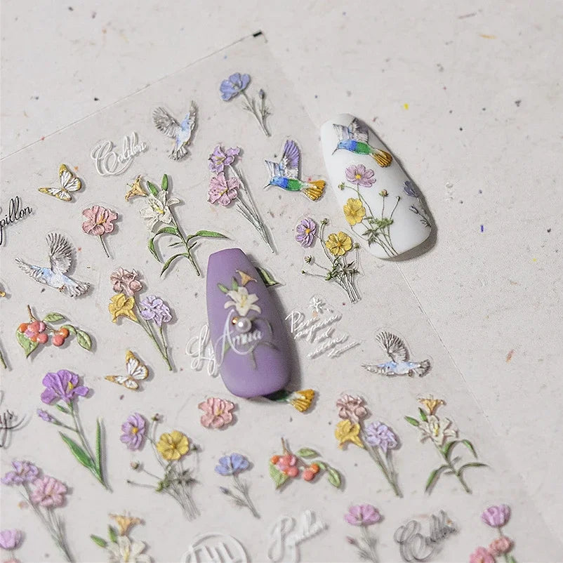 Hummingbird Iris Butterfly Peony Rose Tulip Daisy Lily Flowers Morning Glory Pearl Rhinestones Nail Art Sticker Decoration Decal (ONLINE ORDER ONLY)