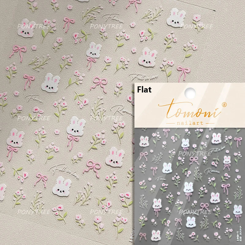 Cute Rabbit Fan Peach Blossom Teacup Lollipop Strawberry Star Cherry Hat Soft Embossed Adhesive Nail Art Stickers Manicure Decal (ONLINE ORDER ONLY)