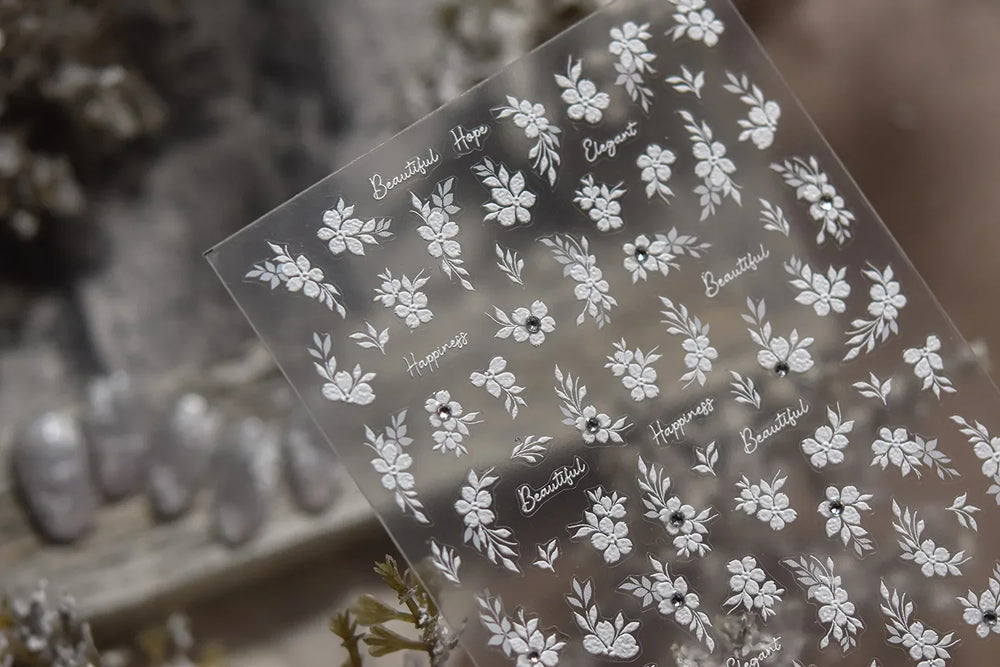 Wet Garden White Flower Leaves Elegant Beautiful Petal Delicate 5D 3D Charming Spring Adhesive Nail Art Stickers Manicure Decals (ONLINE ORDER ONLY)