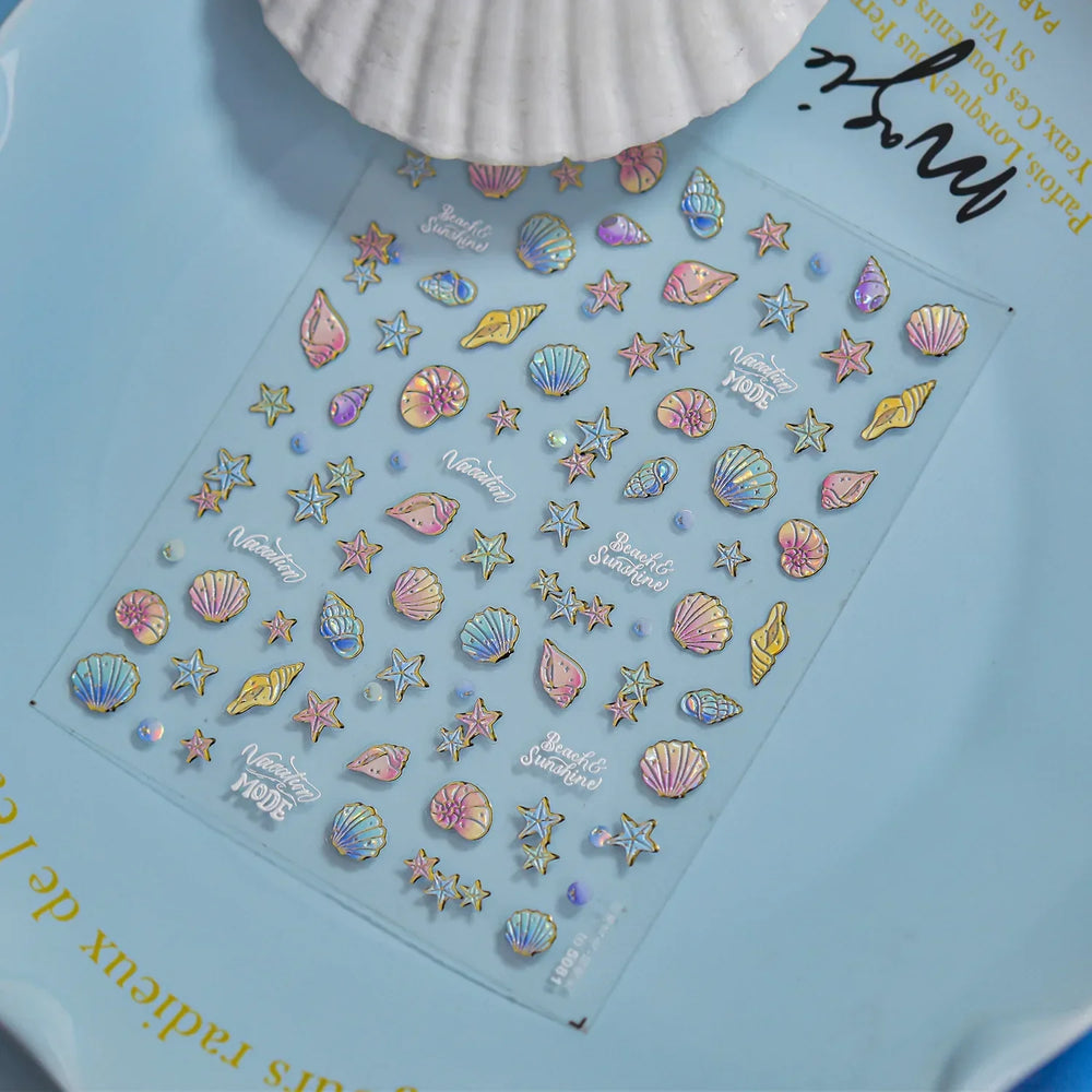 Hot Stamping Laser Shell Conch Starfish Pearl Whale Coral Dolphin Summer Beach Sea Wave Jellyfish Bubble Nail Art Stickers Decal (ONLINE ORDER ONLY)