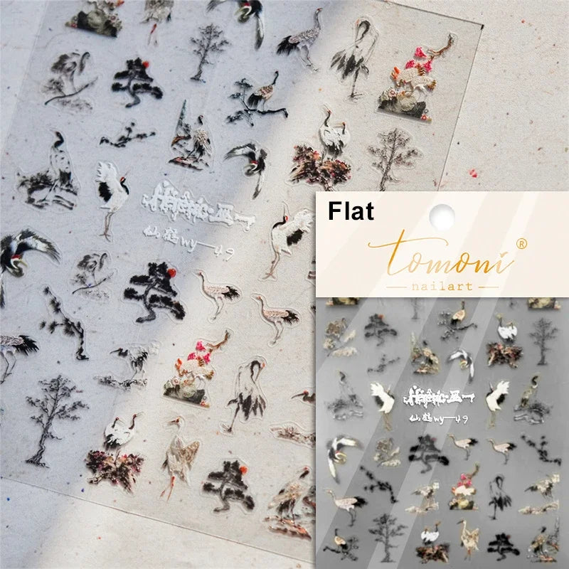 Red Azalea Rose Peony Crane Warbler Bird Fish Lily Chicken Rabbit Lobster Flower Retro Chinese Nail Art Sticker Decoration Decal (Online Order Only)