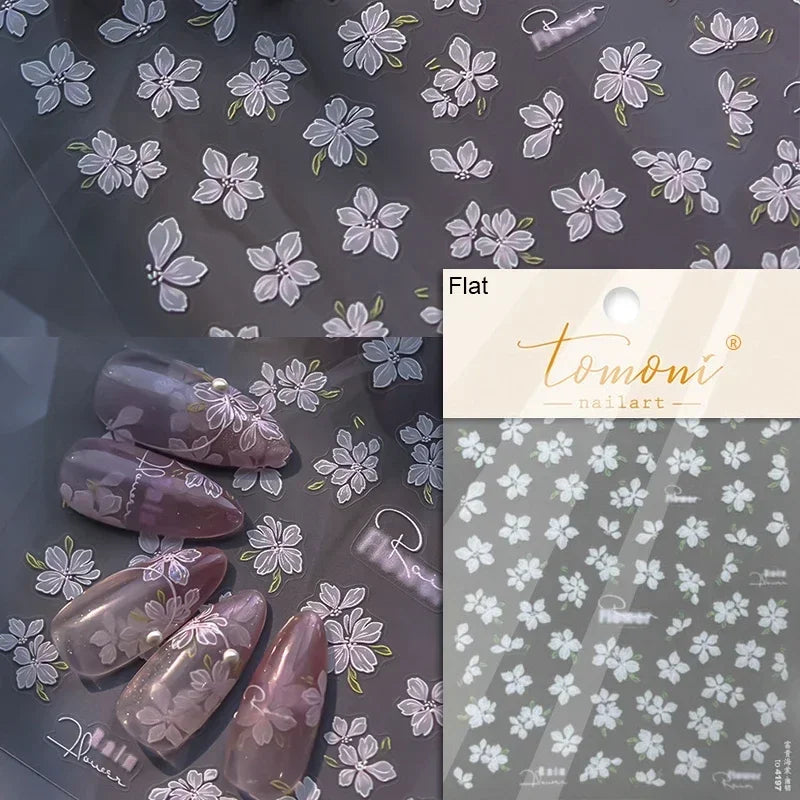 Gradient Coloredful Flower Petal Green Leaf Dreamy Shiny Chinese Rose Fantasy Relief Adhesive Nail Art Stickers Manicure Decals (Online Order Only)