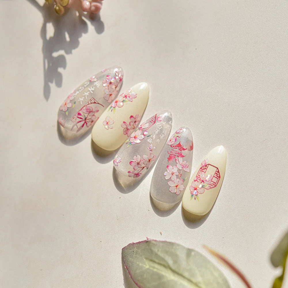 Pink Peach Blossom Flower White Pear Romantic Archaistic Swallow Window Adhesive Nail Art Stickers Rhinestone Manicure Decals (ONLINE ORDER ONLY)