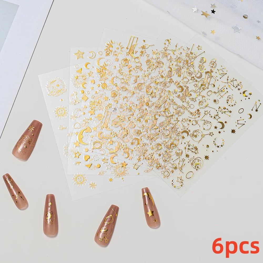 4pcs/Set Elf/Fairy Jelly Gold Nail Art Sticker Sun/Moon/Star Geometric Embossed Reliefs Self Adhesive Nail Decal Manicure Design (Online Order Only)