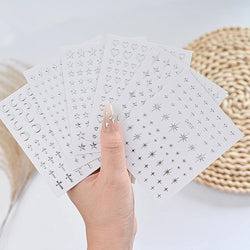 6pcs Mirror Silver Star 3D Nail Sticker Holographic Heart/Moon/Cross Design Self-Adhesive Decal Manicure Art Supplies Decoration (ONLINE ORDER ONLY)