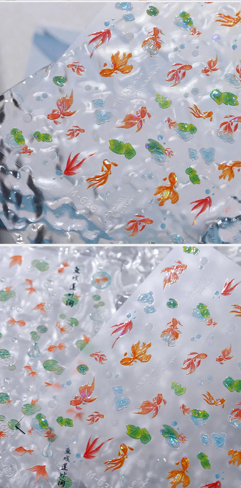 Lotus Leaf Brocaded Carp Koi Playing Goldfish Cavort Ripple Droplet Water Bubbles Self Adhesive Nail Art Stickers Manicure Decal (Online Order Only)