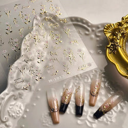 Pink Flower Hot Stamping Silver Leaves Branch Wicker Willow Plant Chic Adhesive Nail Art Decorations Stickers Manicure Decals (Online Order Only)