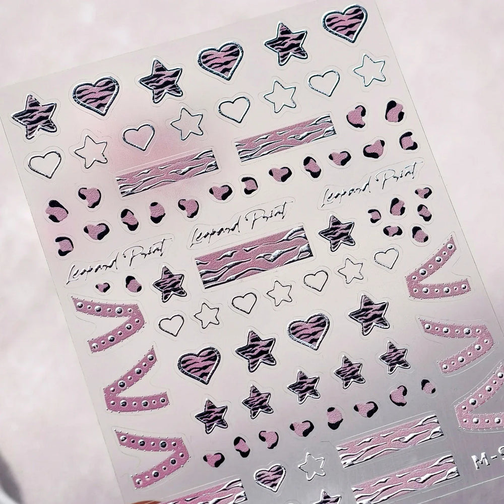 Punk Pink Leopard Print Love Heart Stars Bowknot Cool Girl 5D Self Adhesive Nail Art Stickers Ribbon Manicure Decals Wholesale (ONLINE ORDER ONLY)
