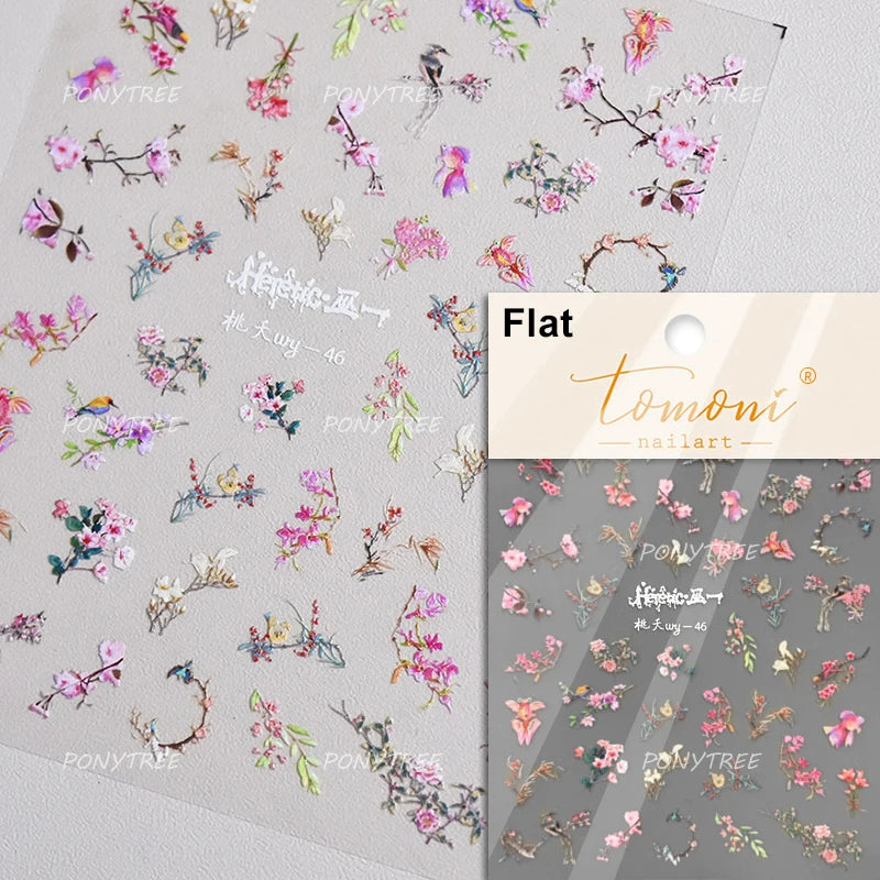 Pink Peach Blossom Blue Magpie Butterfly Bird Wing Tree Branch Animals Plants Shiny 3D Adhesive Nail Art Stickers Manicure Decal (ONLINE ORDER ONLY)