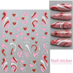 1Pc Red Pink White Heart Bow Nail Art Stickers with Glitter Sequins 5D Self Adhesive Nail Decorations Slider Decals DIY Manicure (ONLINE ORDER ONLY)
