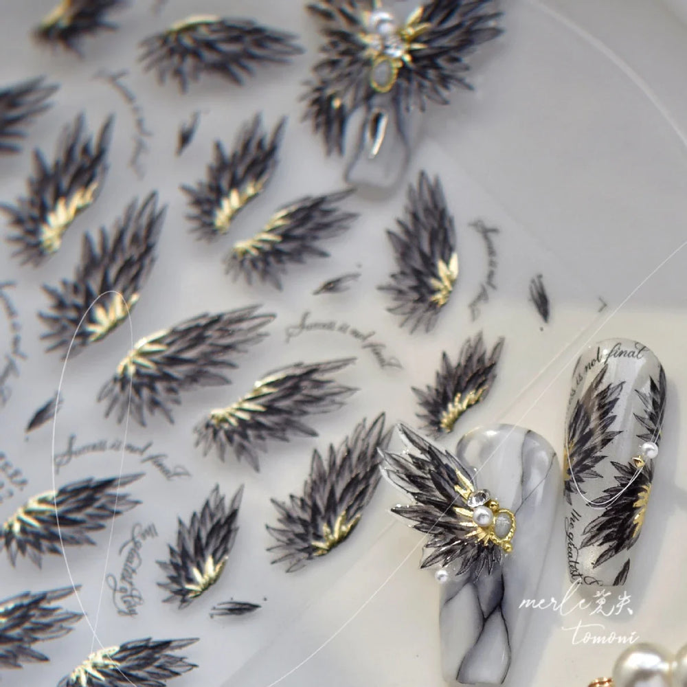 White Black Wings Feather Angel Demon Devil Dreamy Hot Stamping English Letter Adhesive Nail Art Stickers Manicure Tool Decals (Online Order Only)