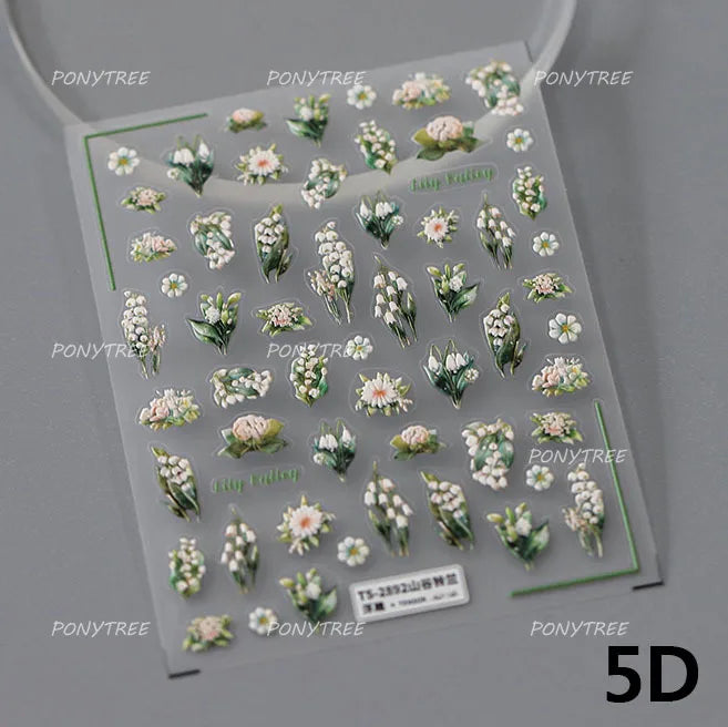 Spring Pink Lily of The Valley Flowers Blooming Blue Bowknot Heart 5D Soft Relief Self Adhesive Nail Art Sticker Manicure Decals (Online Order Only)