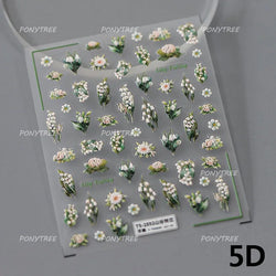 Spring Pink Lily of The Valley Flowers Blooming Blue Bowknot Heart 5D Soft Relief Self Adhesive Nail Art Sticker Manicure Decals (Online Order Only)