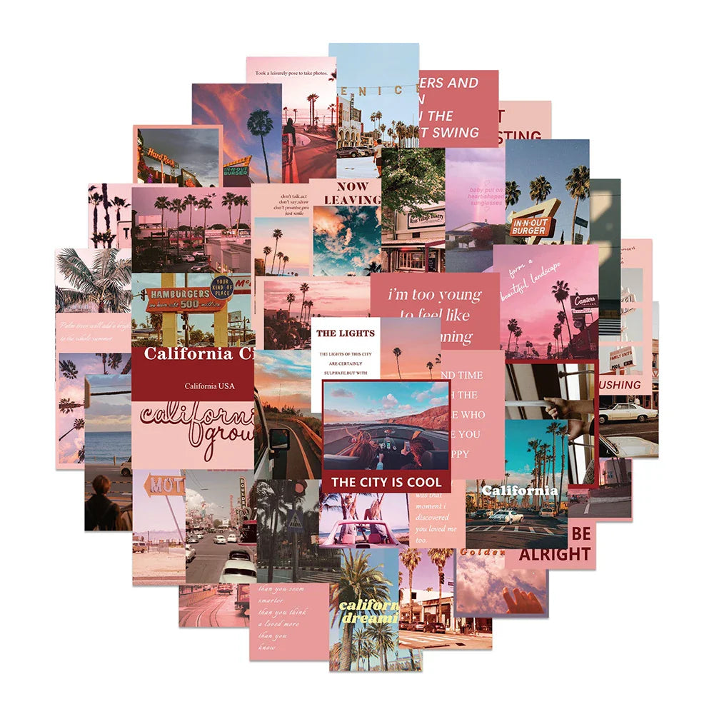 California Landscape Pink Stickers Aesthetic Decals for Phone Laptop Luggage Kids Toy (Online Order Only)