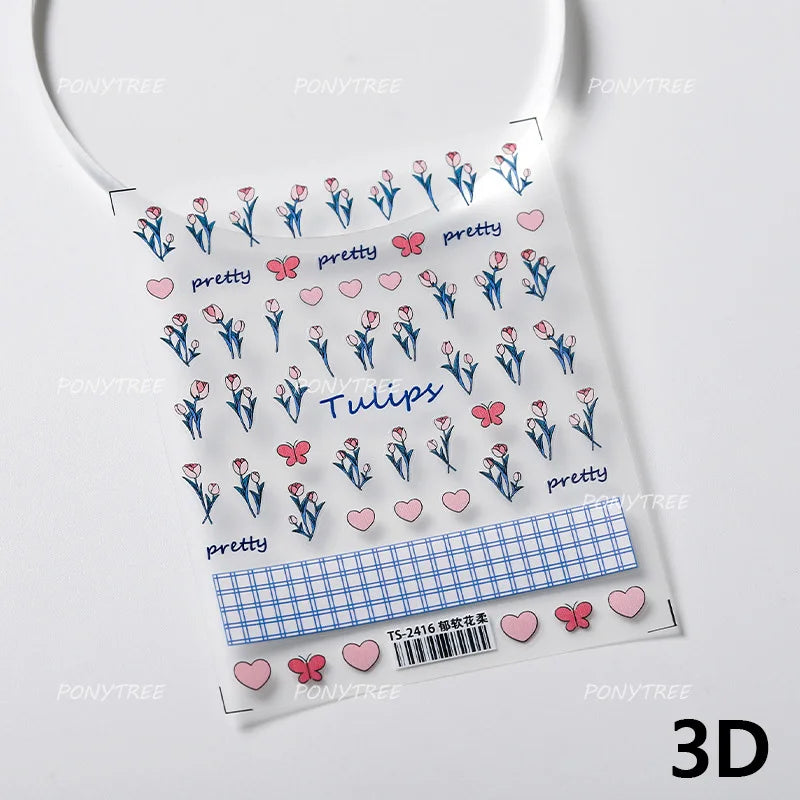 Cute  Pink Blue Nature Tulip Star Heart Butterfly Peach Blossom Jelly Embossed Relief Adhesive Nail Art Stickers Manicure Decals (ONLINE ORDER ONLY)