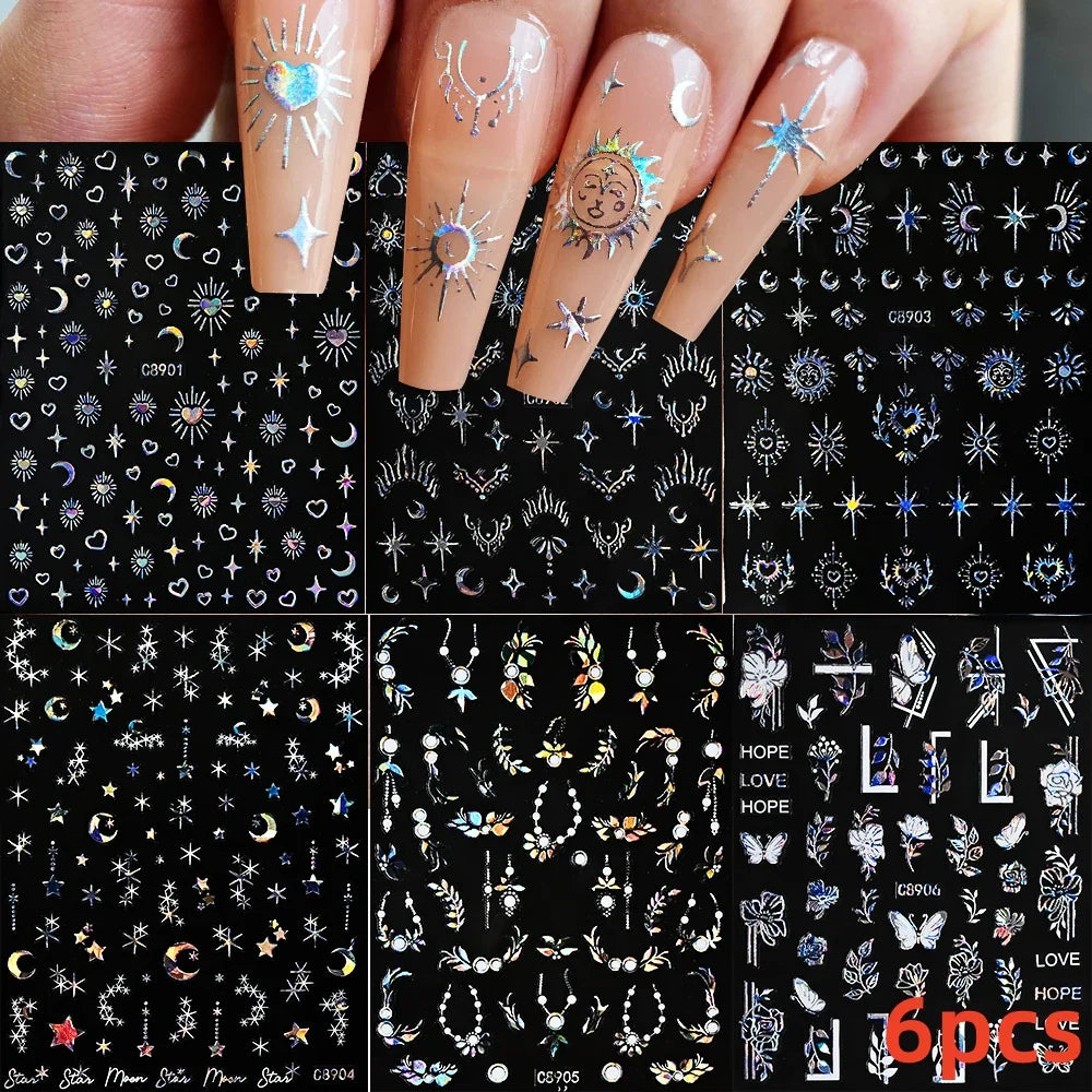 6pcs Mirror Silver Star 3D Nail Sticker Holographic Heart/Moon/Cross Design Self-Adhesive Decal Manicure Art Supplies Decoration (ONLINE ORDER ONLY)