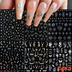 6pcs Mirror Silver Star 3D Nail Sticker Holographic Heart/Moon/Cross Design Self-Adhesive Decal Manicure Art Supplies Decoration (ONLINE ORDER ONLY)