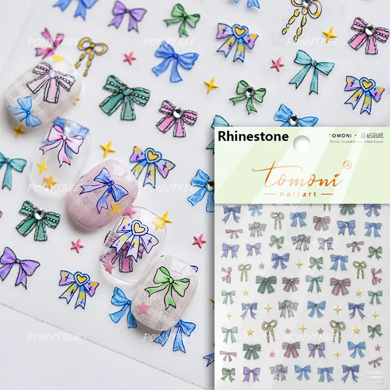 Shiny Pink Silver Gold Bowknot Tie Line Mini Delicate 3D 5D Self Adhesive Nail Art Stickers Embossment Rhinestone Manicure Decal (Online Order Only)