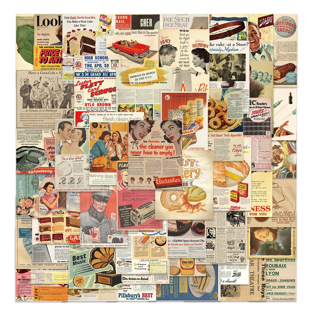 50pcs Classic Aesthetic Retro Newspaper Stickers For Luggage Guitar Phone Fridge Waterproof Graffiti Laptop Decals (ONLINE ORDER ONLY)