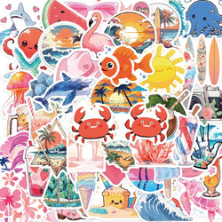 50PCS Pink Cartoon Beach Stickers Waterproof for Bottles, Luggage, Laptop, Guitar, DIY, Kids Toys (Online Order Only)