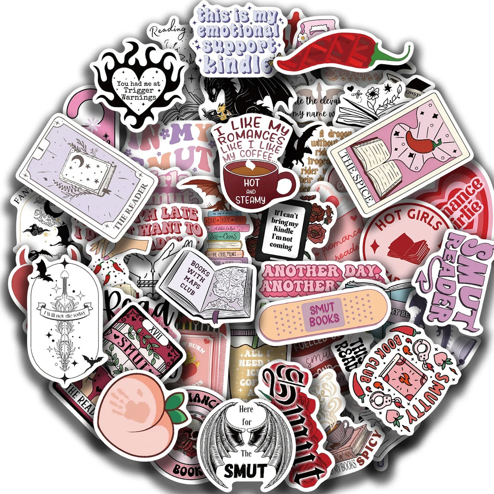 50/52pcs Romance Bookish Spice Reader Stickers Pink Girl Cartoon Decals Aesthetic Decals Phone Laptop Diary Sticker Kids Toys (ONLINE ORDER ONLY)