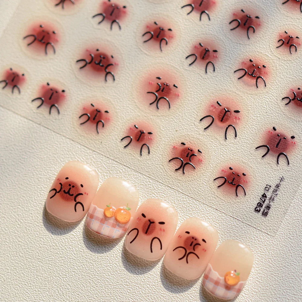 Cute Kapibala Halo Dyeing Kabibara Giant Rat Guinea Pig Cavy Lovely Expression Orange Adhesive Nail Art Stickers Manicure Decals (ONLINE ORDER ONLY)
