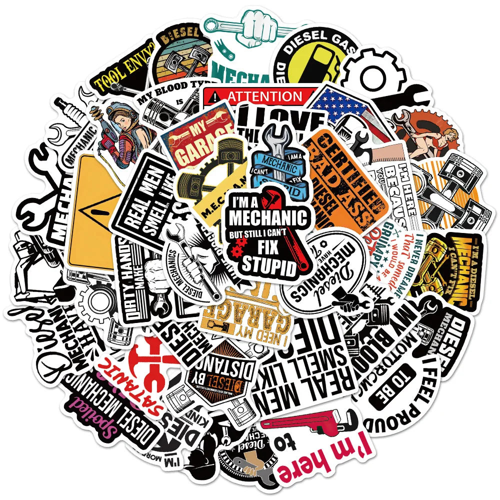 Diesel Mechanic Stickers 10/30/50pcs for Suitcase, Skateboard, Laptop, Luggage, Phone, DIY Decals (ONLINE ORDER ONLY)