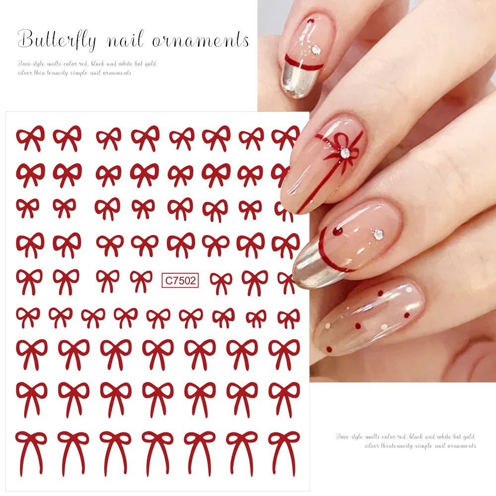 6pcs/Set Lovely Line Bowknot Nail Sticker Gold Silver Black White Pink Red Bow Tie Mini Bowknot 3D Self Adhesive Manicure Decals (ONLINE ORDER ONLY)