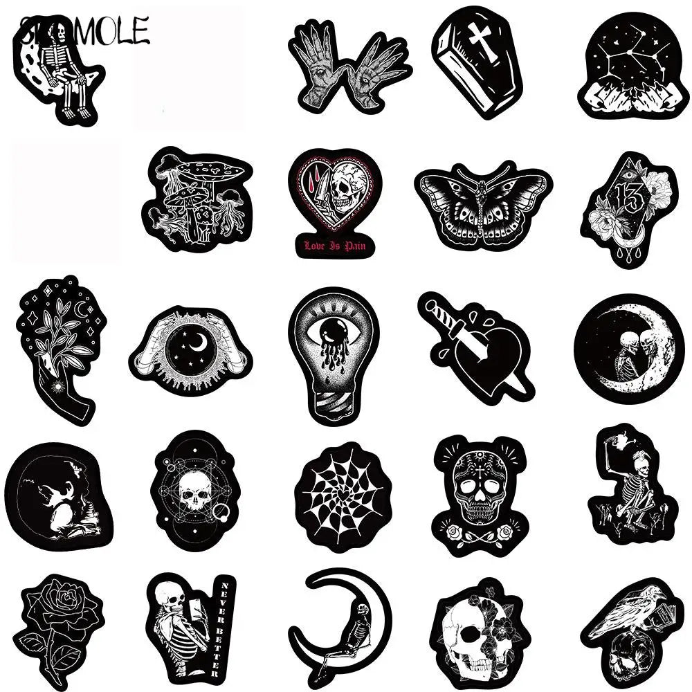 10/30/50PCS Cartoon Black and White Stickers Terrifying Skull Halloween DIY Skateboard Laptop Luggage Bike Cars Decals Sticker (ONLINE ORDER ONLY)