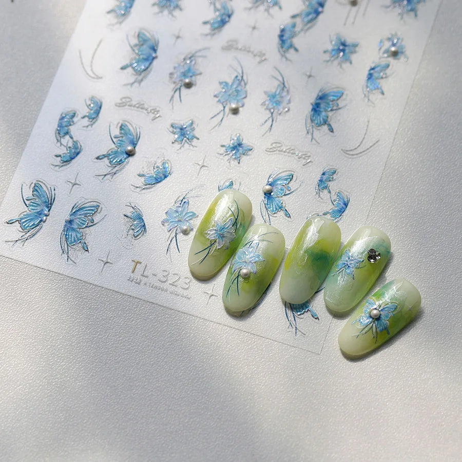 Chic Butterfly Flower Lily Lilium Narcissus Line Beautiful Blue Pearl Self Adhesive Nail Art Stickers Decorations Manicure Decal (Online Order Only)