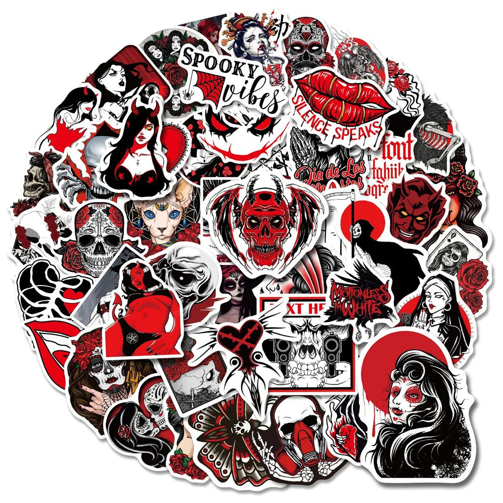 10/30/50PCS Red And Black Gothic Graffiti Waterproof Sticker Creative Trend Decoration Demon Terror Series Decal HelmetWholesale (ONLINE ORDER ONLY)
