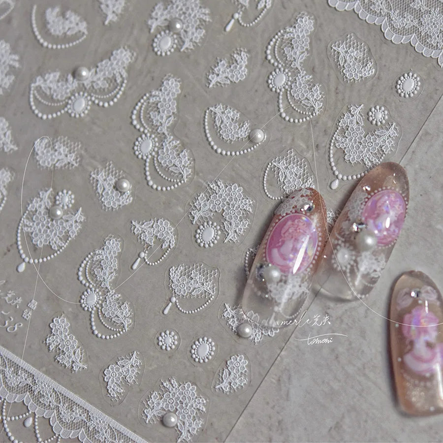French Romantic Lace Flower Fabric Art Pearl Pendant Portrait Bowknot Textile Printing Delicate Nail Art Stickers Manicure Decal (ONLINE ORDER ONLY)
