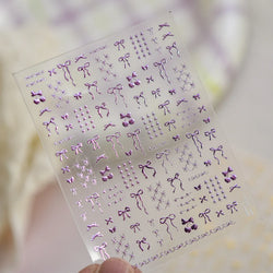 Purple Gold Silver Bowknot Cherry Fruit Cute Ribbon Tie Line Delicate 3D Adhesive Nail Art Stickers Manicure Decals Wholesale (Online Order Only)